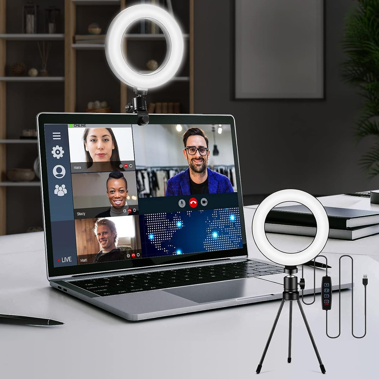 Sancheay 3 10 Dimmable Video Conference Lighting Kit, LED Ring Light for Webcam Lighting, Light Modes & Brightness