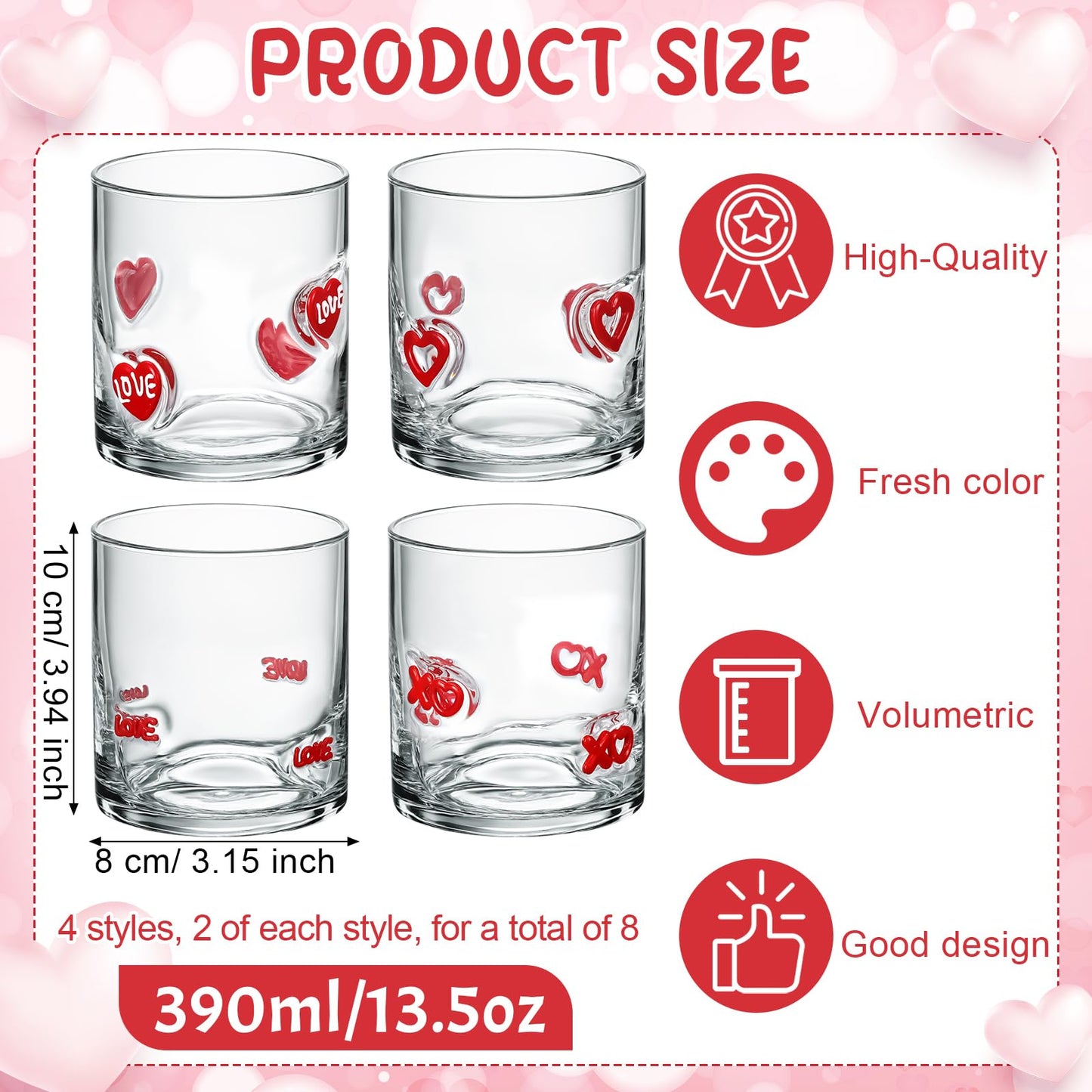 Skylety 8 Pcs Valentines Day Icons Juice Glasses Heart Love Drinking Cups Old Fashioned Stemless Wine Glasses 13.5 oz Whiskey Cocktail Coffee Mugs for Galentines Party Gift Decor
