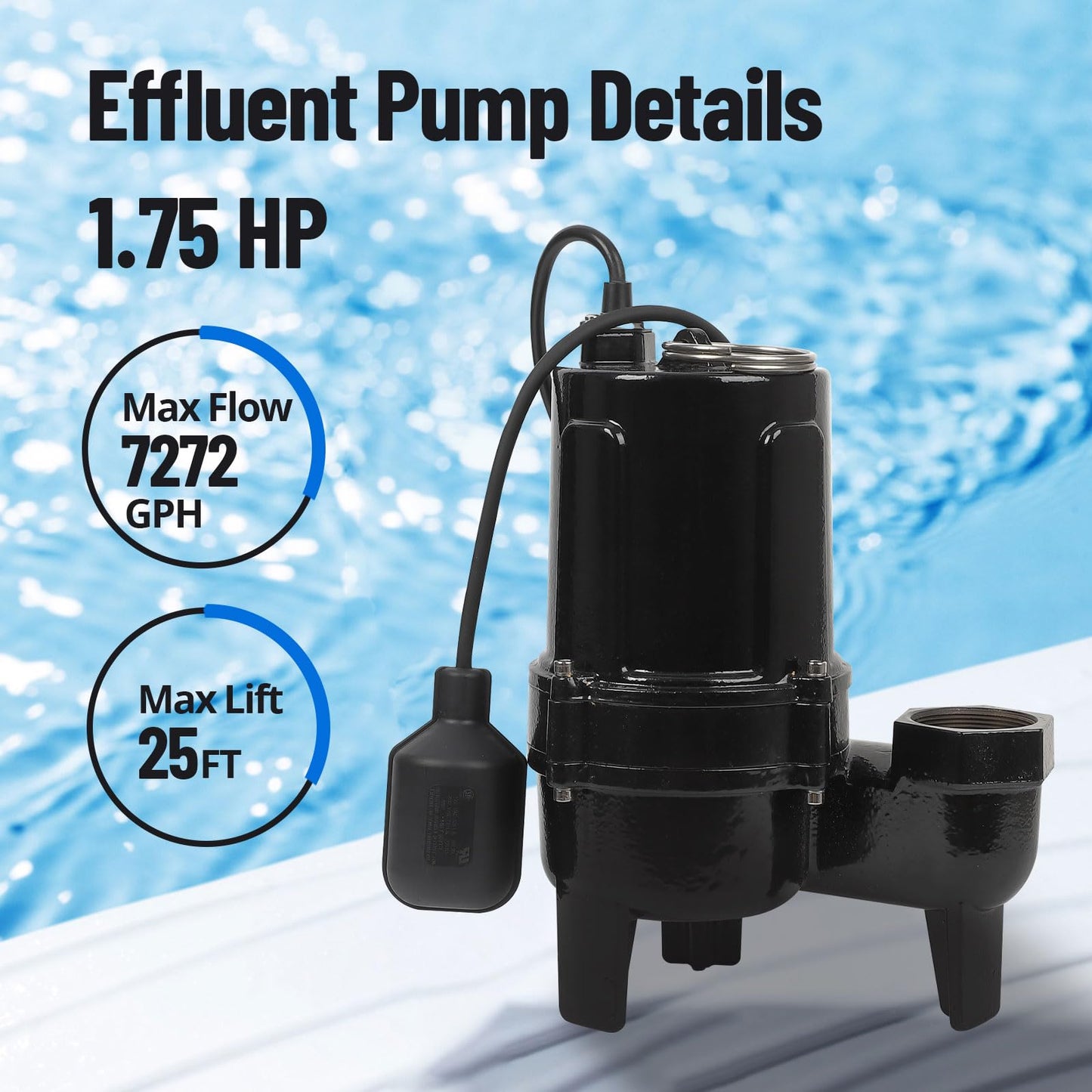 1.75HP Sump Pump Submersible Sewage/Effluent Clean/Dirty Water Transfer Utility Pump Portable with 25ft Power Cord for Swimming Pool Garden Basement Tub Pond Draining