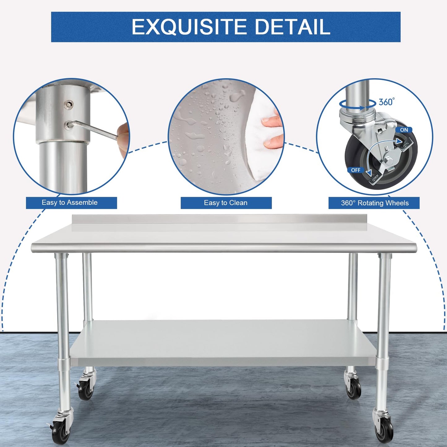 HARDURA Stainless Steel Table 24 x 60 Inches with Wheels Casters NSF Heavy Duty Commercial Prep Table with 2” Backsplash and Adjustable Undershelf for Restaurant Kitchen Home and Hotel
