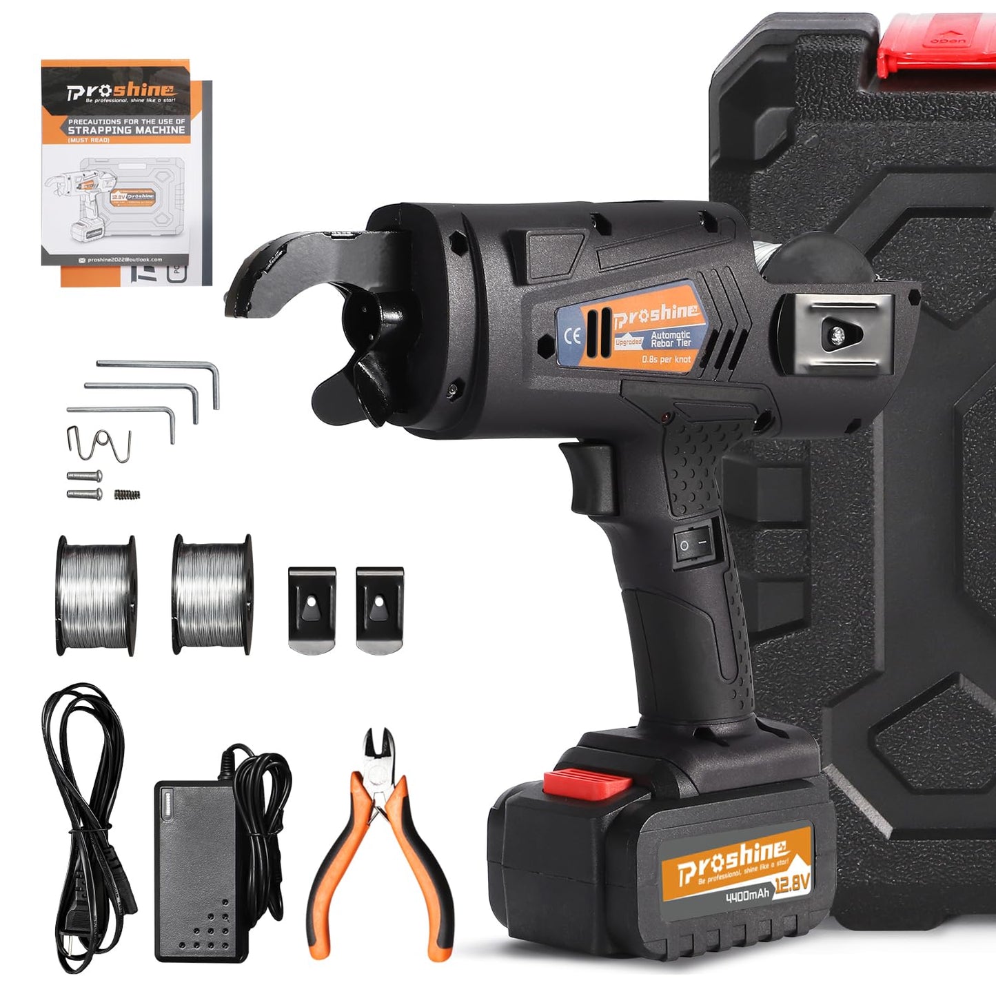 Proshine Automatic Rebar Tier 0.3"-1.3" Rebar Tie Rebar Tying Gun + 4400mAh Rechargeable Battery + 2PCS Rebar Tie Wire Rebar Tier Tying Machine 0.8S a Knot