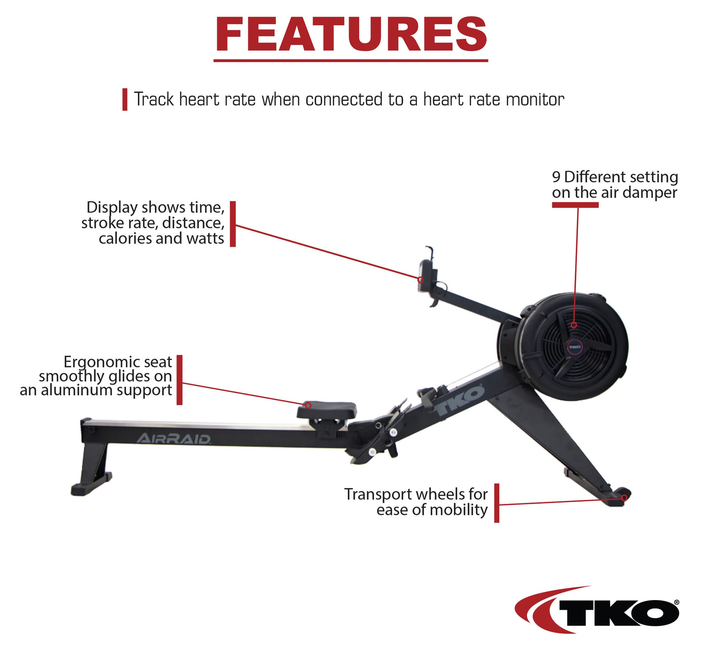 TKO AirRaid Rower | Air Resistance Rowing Machine for Home & Commercial Use | Foldable Air Rowing Machine with 9 Damper Levels, LCD Console, Smooth Glide Rower Machine