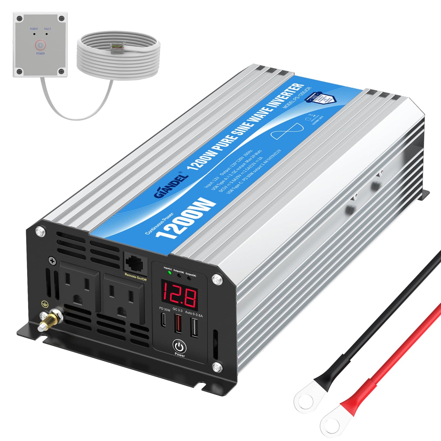 Power Inverter Pure Sine Wave 1200 Watt 12V Dc to 120V Lithium Battery Compatible with UL Fuses and USB-C PD30W and QC 3.0 FastCharger and Wired Remote for RVs Car Solar System Emergency