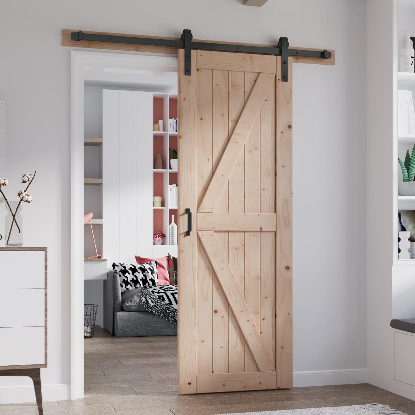 FREDBECK 32in x 84in Sliding Barn Door with 5.5FT Barn Door Hardware Kit Included Wood K Shape Solid Spruce Panel Need to Assembly