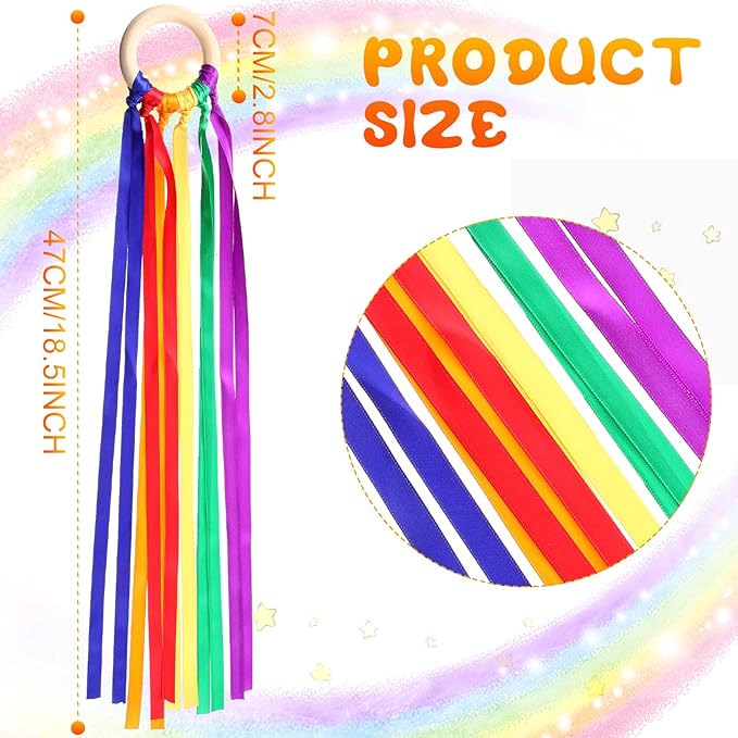 Junkin Ribbon Rings Hand Kite Waldorf Toys Dancing Wrist Ribbons Rainbow Streamers with Wood Ring Sensory Learning Educational Toy for Playroom Dancing Birthday Party Gift(Rainbow,48 Pcs)