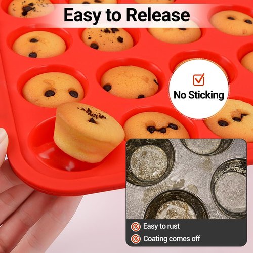 CAKETIME Silicone Mini Muffin Pan - 24-Cup BPA-Free Muffin Molds with Metal Reinforced Frame & Handles | Red 2-Pack