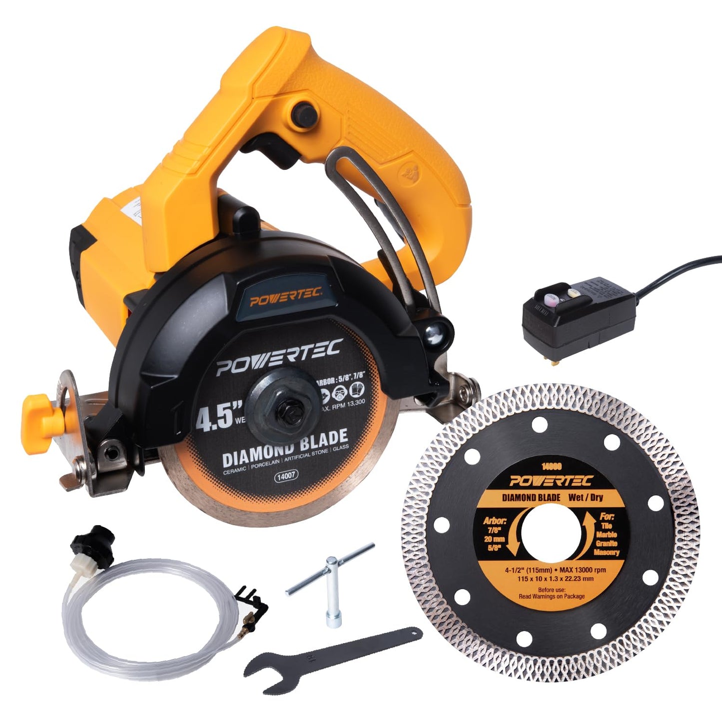 POWERTEC HTS1045C 4.5" Handheld Tile Saw w/ 1 Extra Blade – 12Amp/1400W Motor, Wet/Dry Cutting with Adjustable Water Feed System, GFCI Plug, Bevel & Depth Adjustment, Compatible 4"-4.5" Diamond Blades