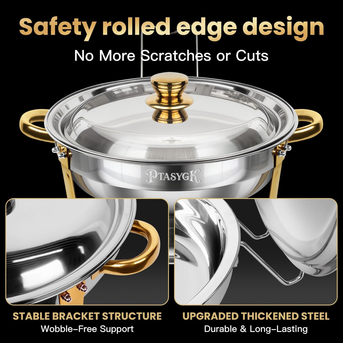 PTASYGK Chafing Dishes for Buffet - 4 Pack 5QT Gold Stainless Steel Round Food Warmer with Stainless Steel Lid, Lid Holder & Stackable Design for Home Parties & Small Catering
