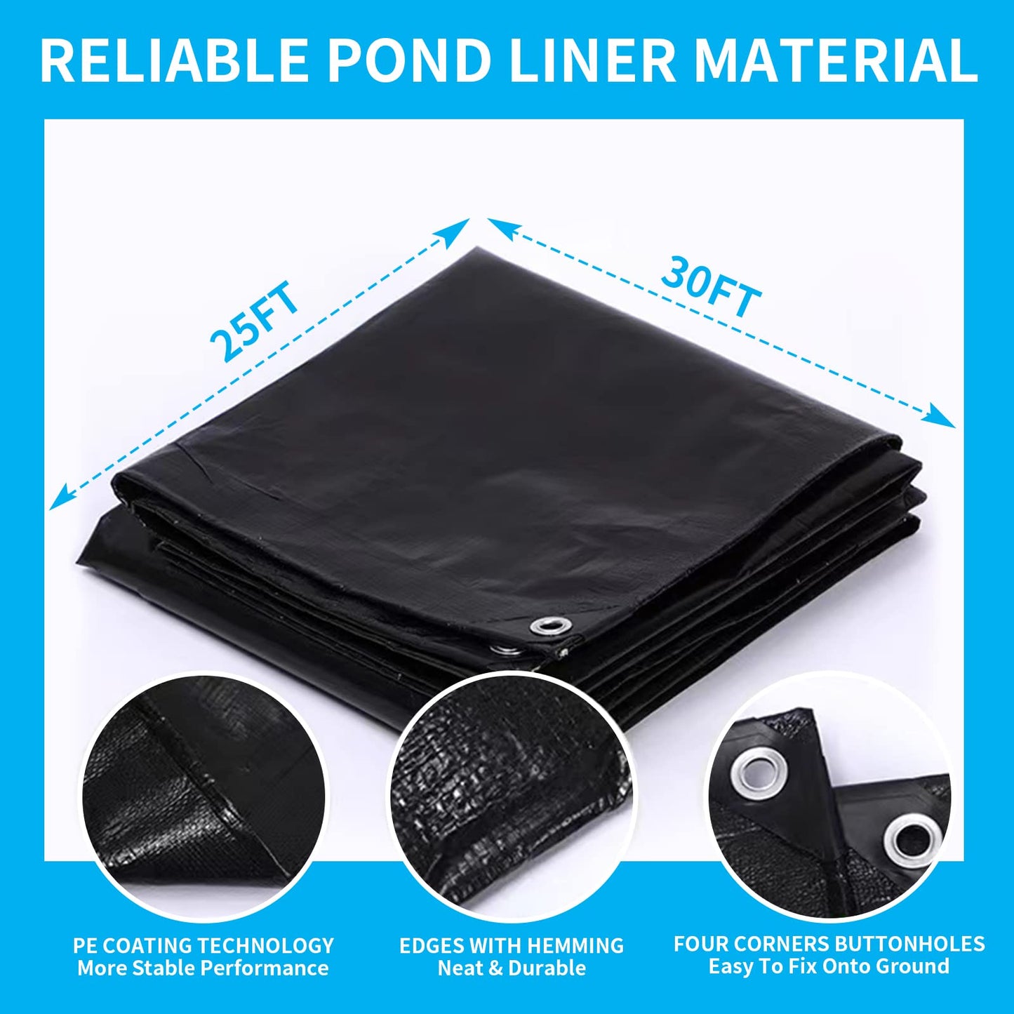 Coocure 25X30FT Reinforced PE Pond Liner, 28Mil Thickness Pond Liners for Outdoor Ponds, Hemmed Edge with Buttonholes Liners for KOI/Fish, Duck Pond and Waterscape.