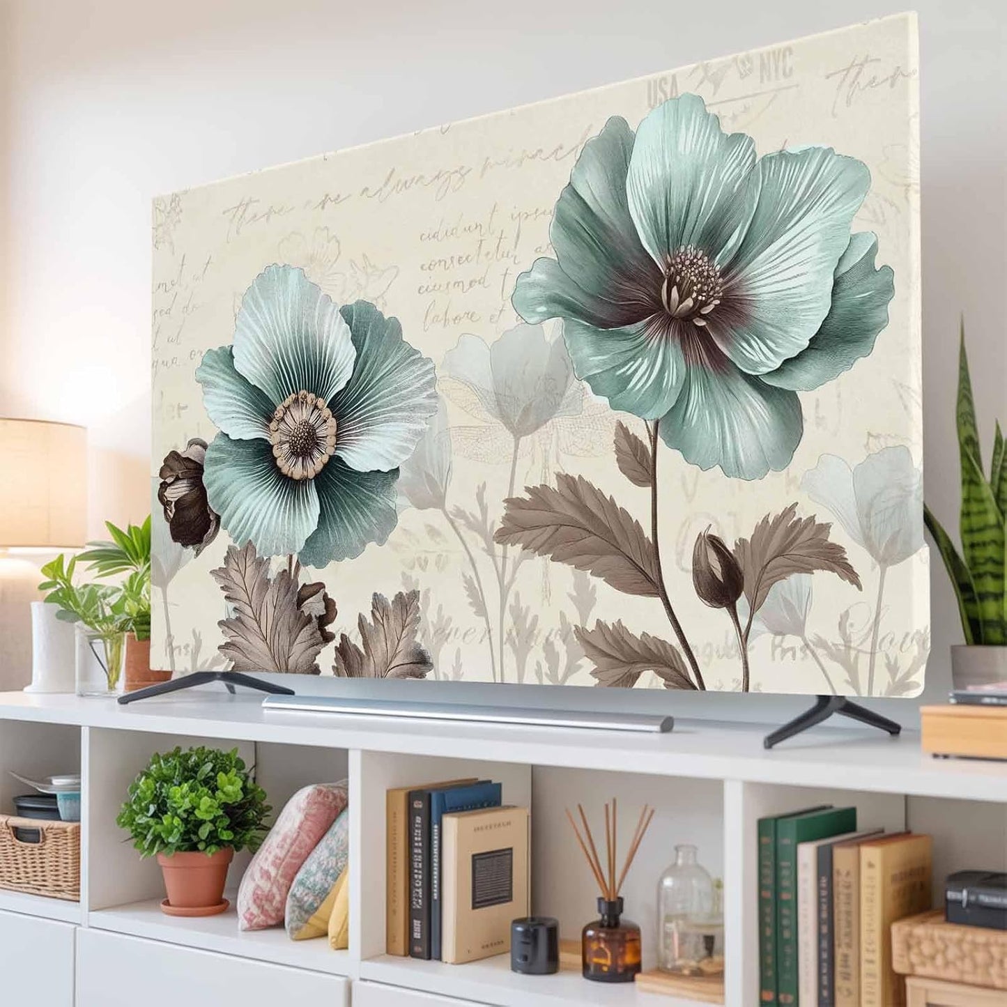 Yukro 65 Inch, 57"x32" Victorian Style Indoor TV Dust Cover, Vintage Blue Flowers Broccoli Elastic TV Dustproof Cover