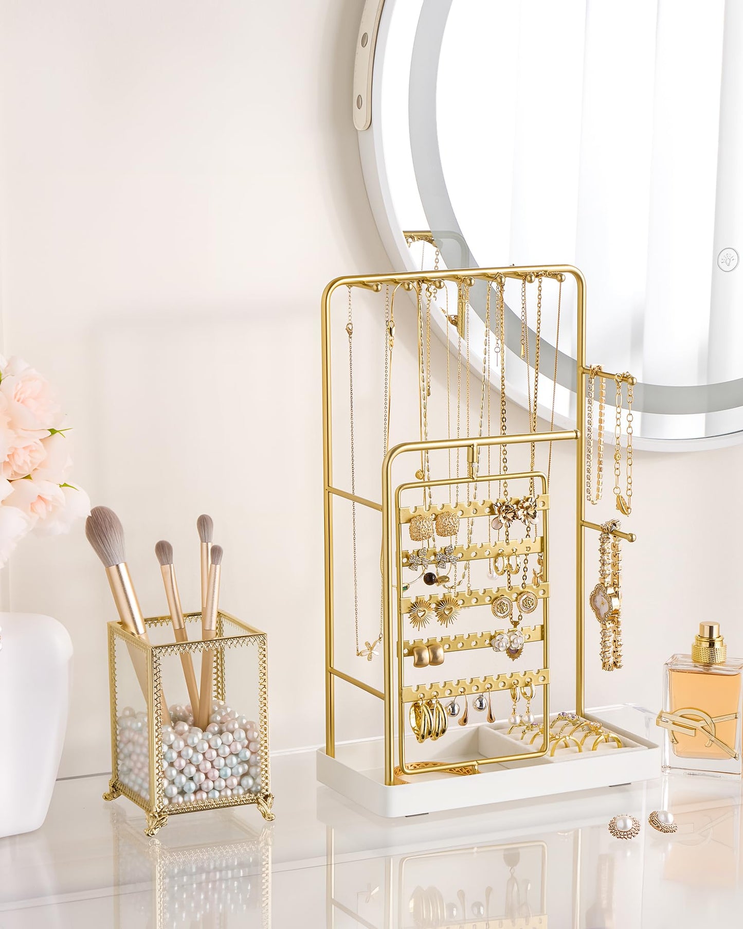 ProCase Jewelry Stand Holder Organizer, Jewelry Display Storage with Ring Tray, Rotating Earring Bracelet Necklace Holder, Valentine's Gifts Room Dorm Decor for Teen Girls -Gold (No-Assembly)
