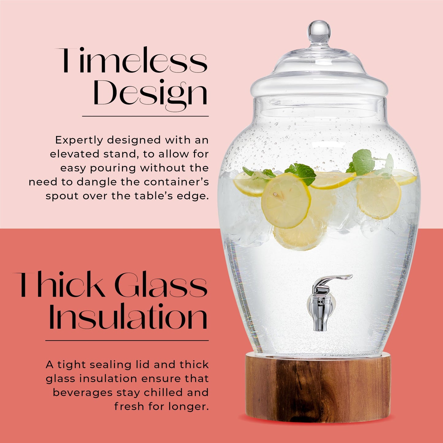 American Atelier Madera Beverage Dispenser Cold Drink Dispenser w/ 3-Gallon Capacity Glass Jug, Leak-Proof Acrylic Spigot in Gorgeous Gift Box Great for Parties, Weddings & More