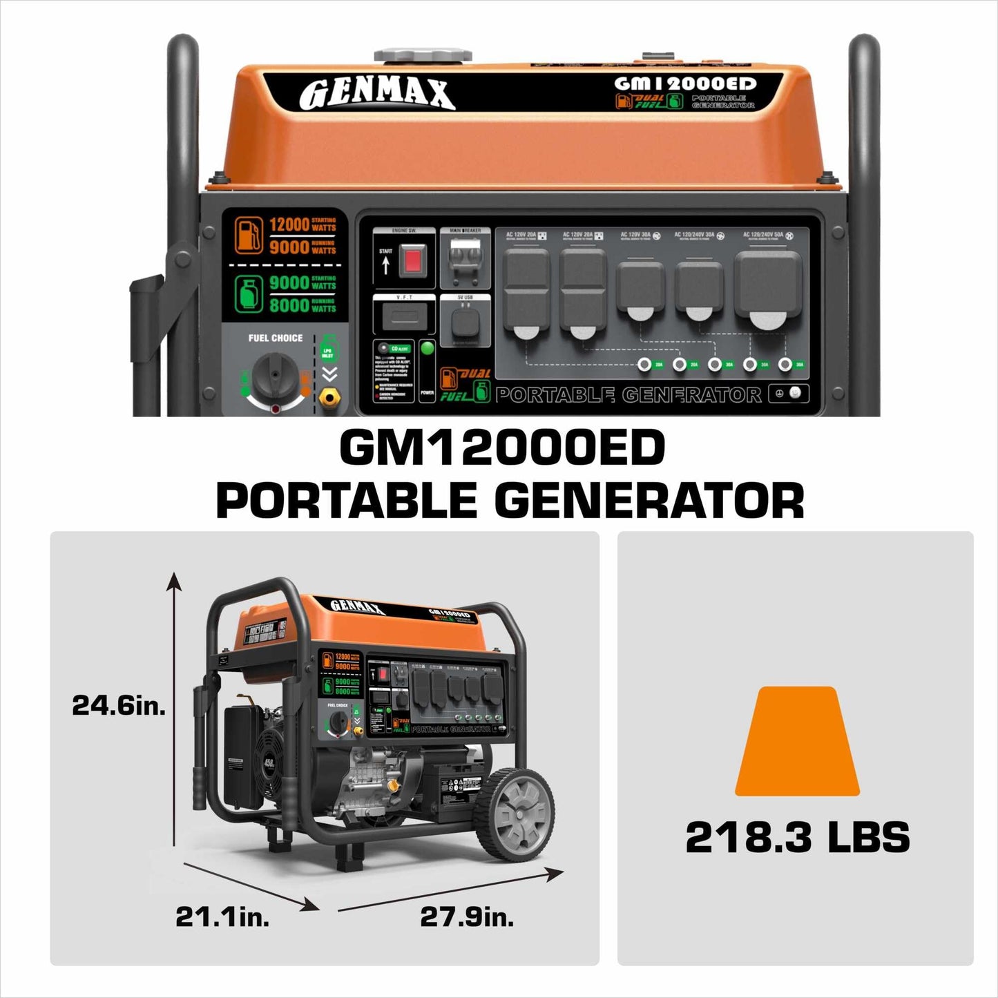 GENMAX Dual Fuel Portable Generator，GM12000ED Gas or Propane Powered Electric Start-Home Back Up, EPA Compliant