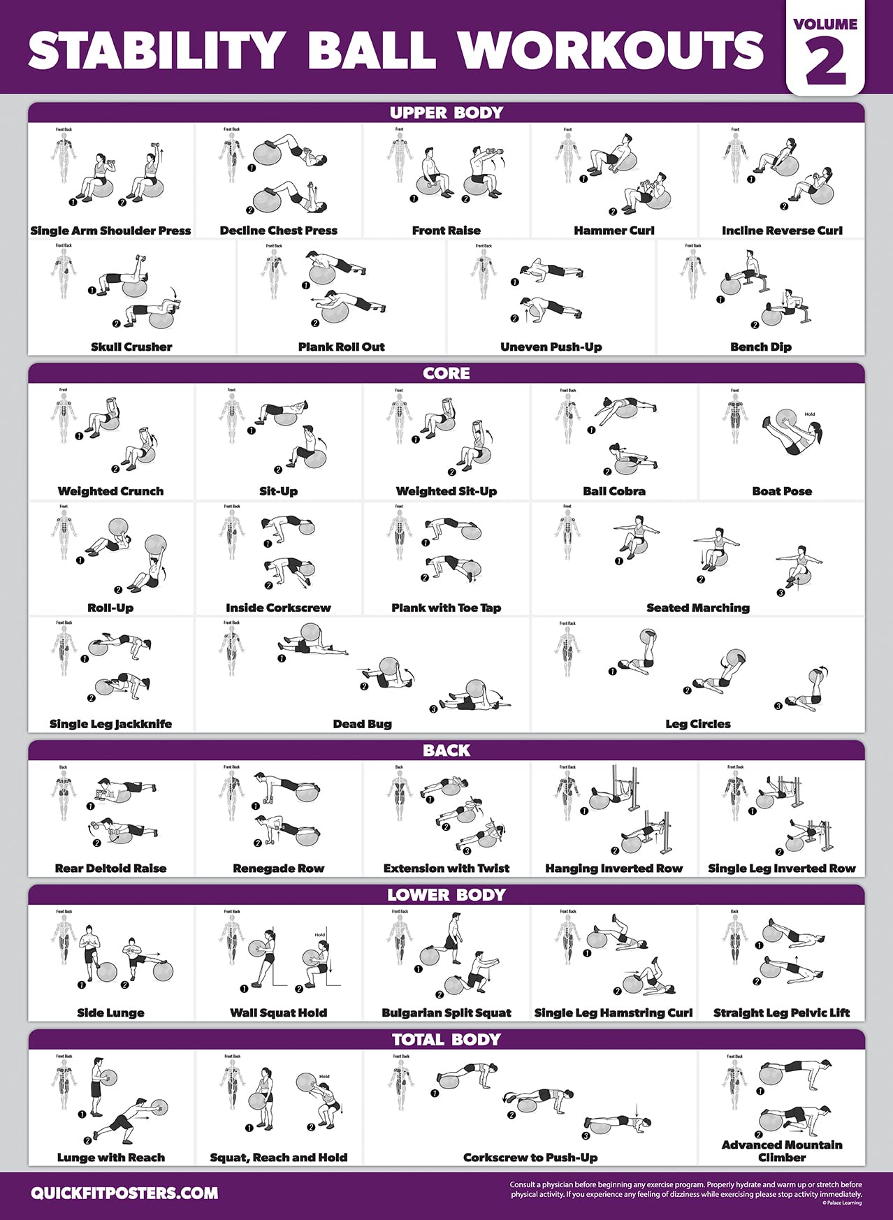 Palace Learning 2 Pack - Yoga Ball Workout Exercises Volume 1 & Volume 2 - Stability Ball Routine - Fitness Charts (18" x 24", Laminated)
