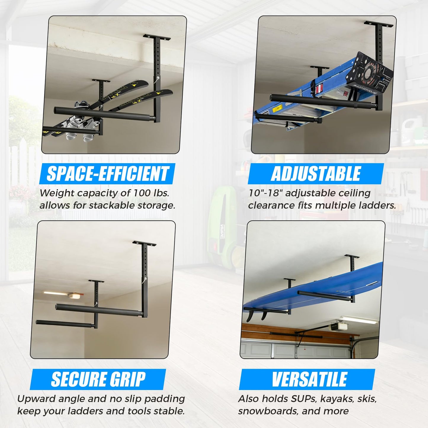 LLNYFL Stainless Steel Ceiling Storage Rack, 10"-18" Height Adjustable,Kayak Overhead Garage Storage Rack, Holds 100 lbs, for High-Altitude Storage of Kayaks, Surfboards, Canoes, Skis, and Ladders
