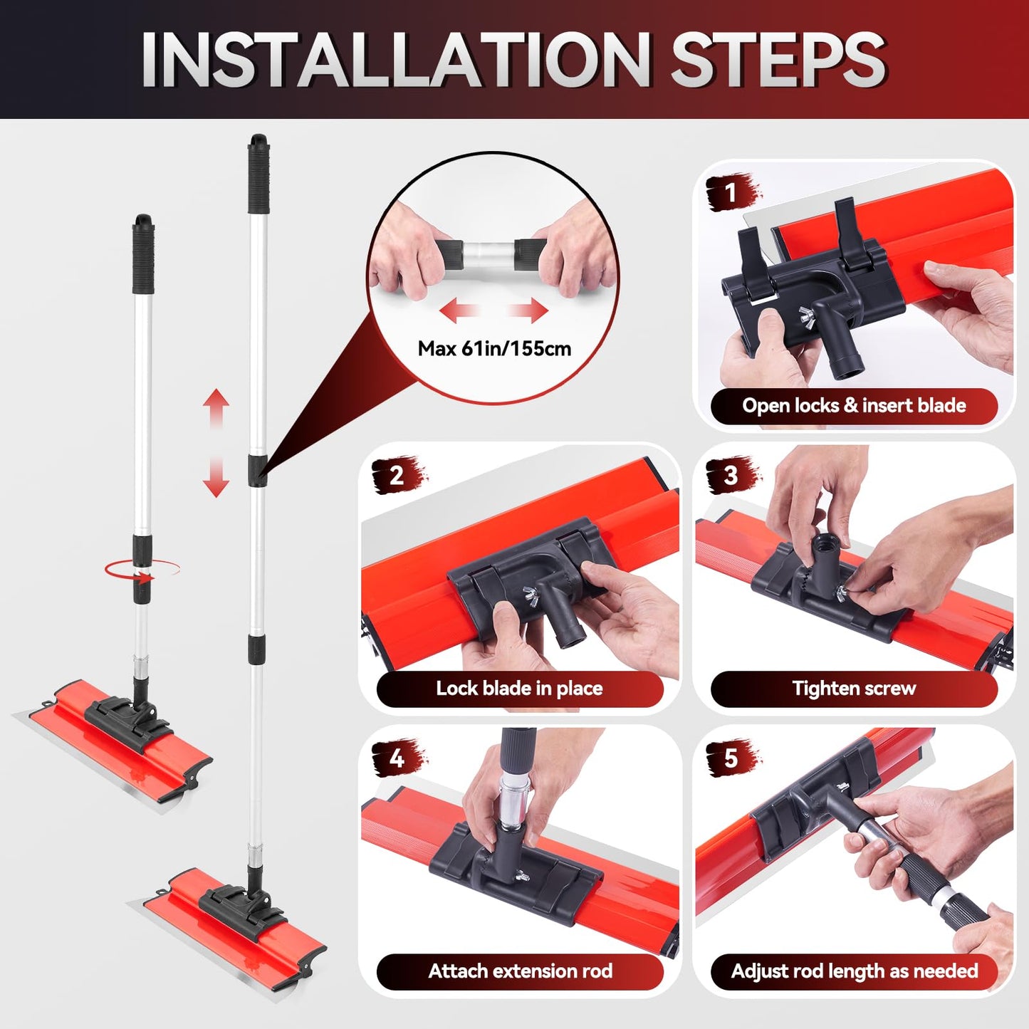 Pektiftn Drywall Skimming Blade Set with Portable Case, 10"+16"+24"+32" Skimming Blades, 28"-61" Extension Handle, 2 Drywall Compound Rollers and 3 Drywall Tools for Drywall, Plaster, Wallboard