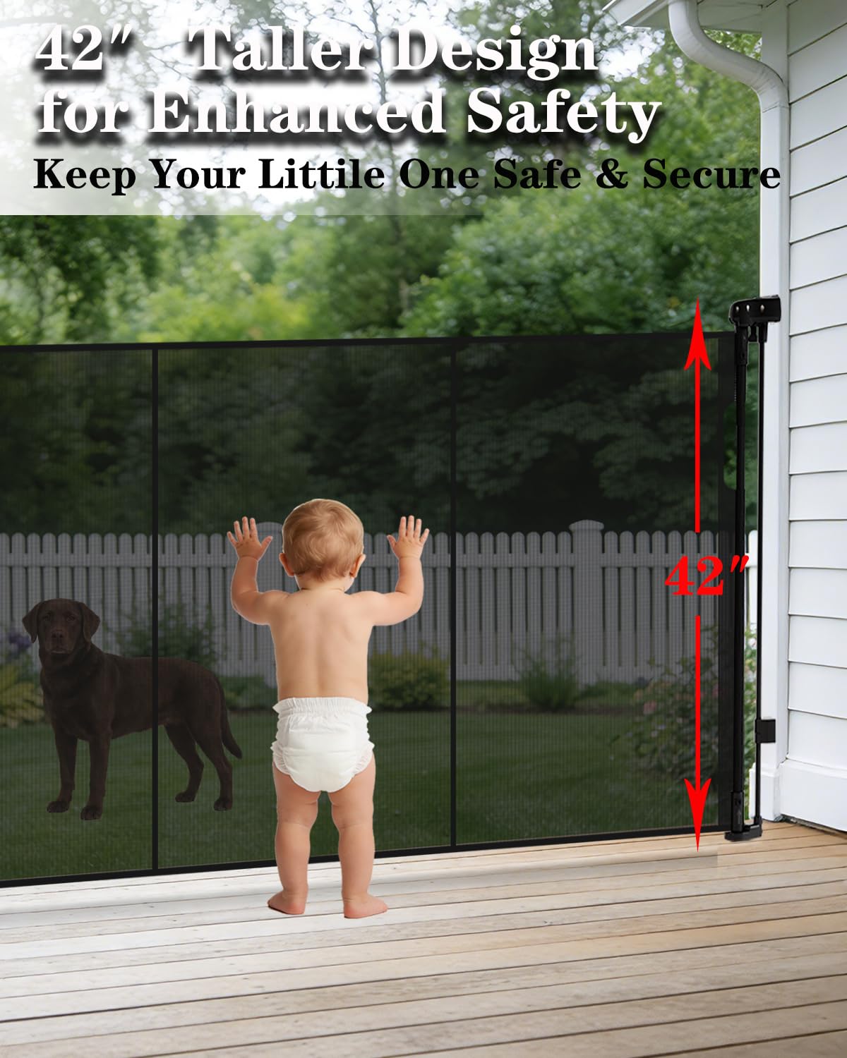 160" Extra Wide Retractable Baby Gates, 42" Extra Tall Retractable Dog Gate Pet Gate with Support Rods, Long Mesh Screen Child Safety Gate for Garage Doorways Hallways Deck Porch, Outdoor Indoor Use