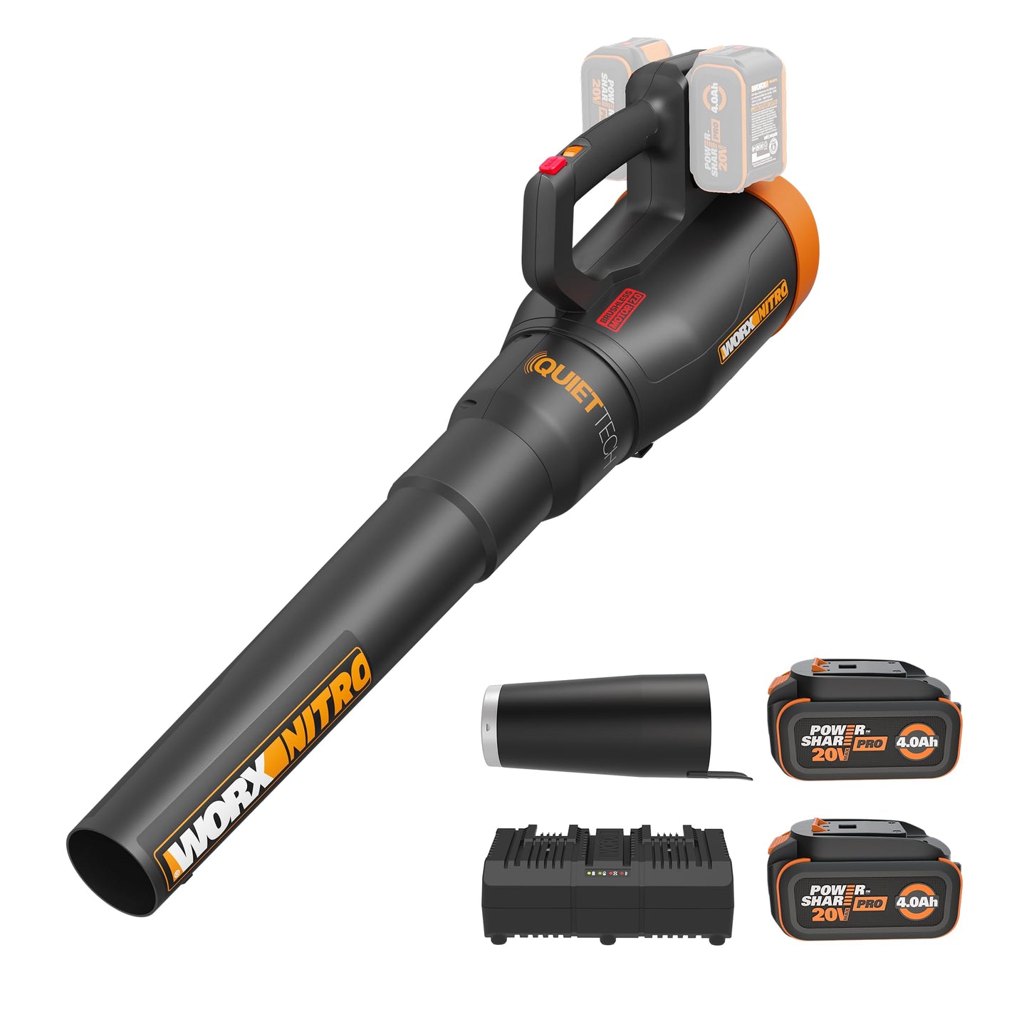 WORX Nitro Cordless Leaf Blower, Quiet Electric Blower for Lawn Care with 530 CFM & 180 MPH, 2 × 4.0 Ah Batteries & Charger Included, WG581.1