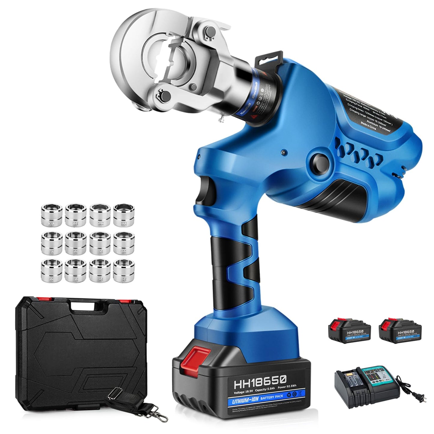 CENTALL Electric Hydraulic Crimping Tool, 8AWG-600MCM Rechargeable Hydraulic Crimper for Cu/Al Terminal, Continuously Crimp Wire Cable Lug Crimping Tool Kit with 12 Dies 2Pcs Lithium Battery XT-300
