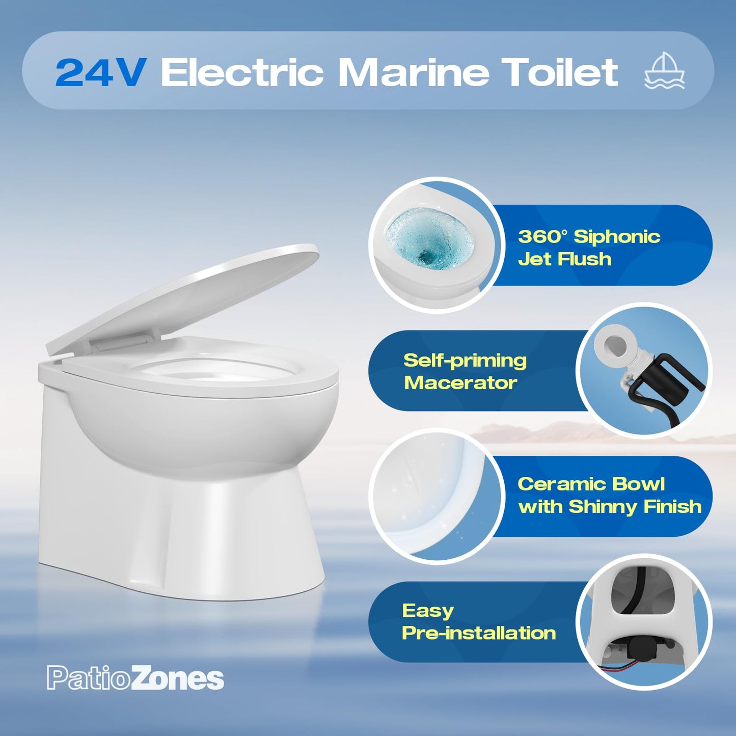 24V Marine Electric Toilet, Compact Design Bowl, Heavy-Duty Built-In Macerator Pump with Smart Flush Control, Quiet Operation Soft-Close Lid for RV/Boats/Yachts