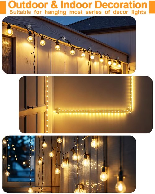ispneay Light Clips for Outside String Lights: 24 Pack Adhesive Hooks for Outdoor String Lights - Outdoor Light Clips for Patio Balcony Fence - Rope Led Light Strip Christmas Decor Hooks