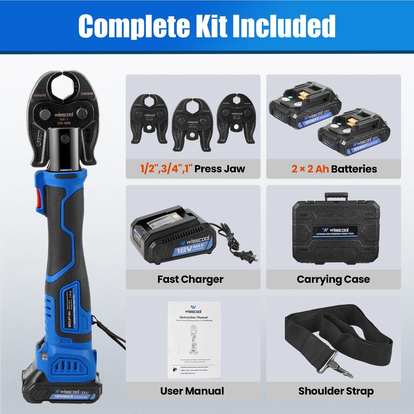 WISSCOOL Pro Press Tool for Copper Pipe 18V, Brushless Battery Copper Press Tool Kit, 24KN Electric Copper Pipe Crimping Tool for 1/2", 3/4", 1" Jaws, 2 x 2.0Ah Batteries, Fast Charger