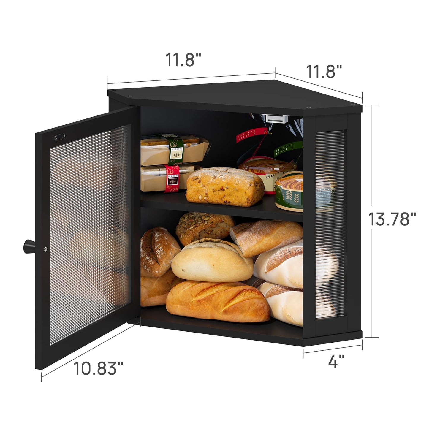 viewcare Corner Bread Box for Kitchen Counter, Bamboo Wood Black Bread Box, Large Capacity Bread Storage Bin with Acrylic Wavy Door Panel (Black, Meduim)
