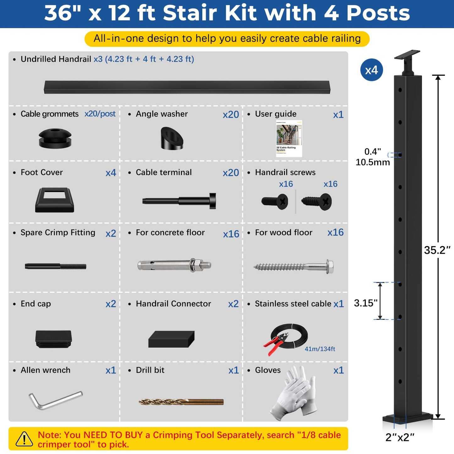 Zylorix 8ft-12ft Complete Set 36" Cable Railing System 33° Drilled with Cuttable Handrail, Modular Black T304 Stainless Steel Angled Stair Cable Railing Posts Kit for 28-38° Wood Concrete Stair