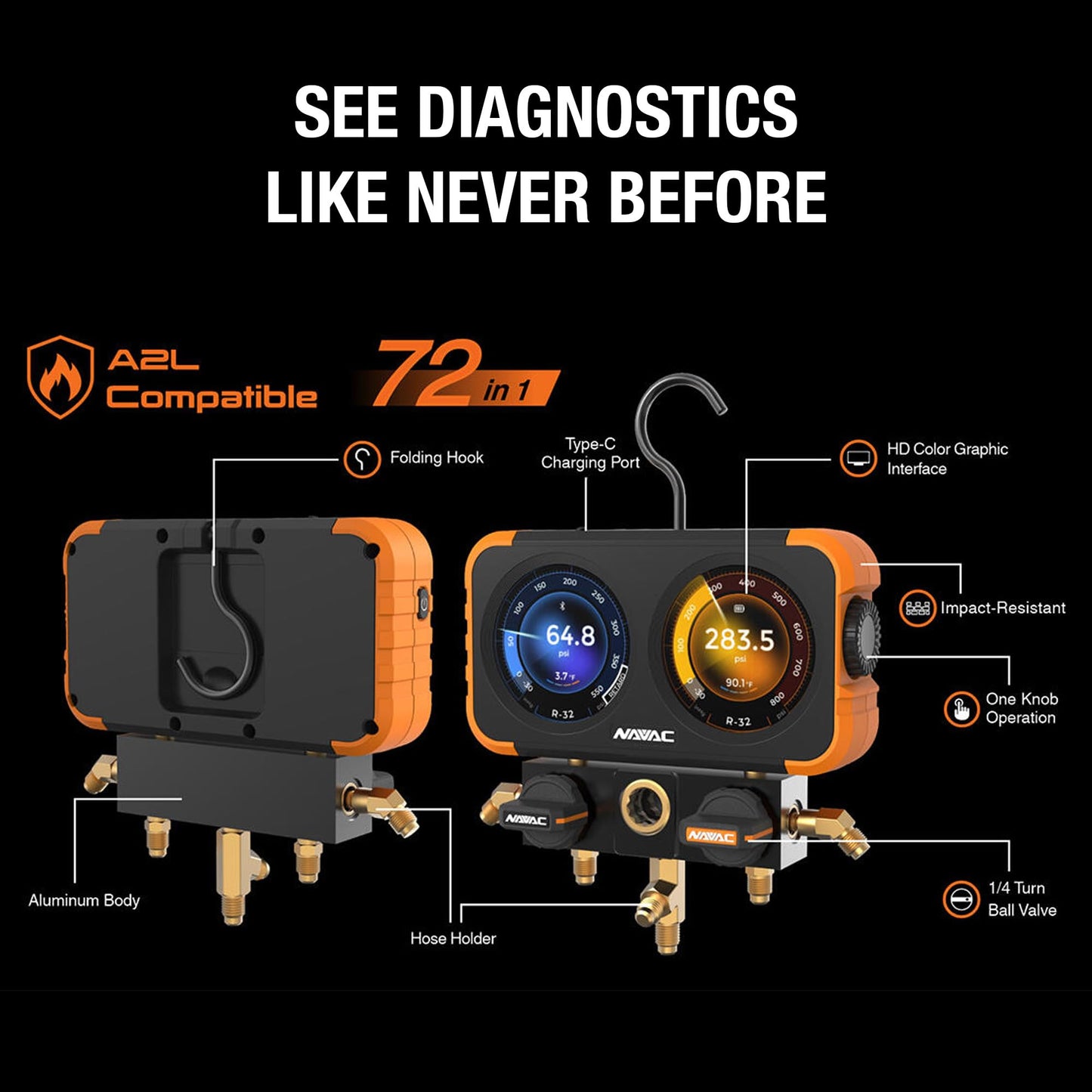 NAVAC N2DX FLEX-X Manifold Gauge Set -HD Color Graphic Interface, Digital Display, A2L Compatible, 72 Refrigerant Support, Rechargeable 100hr Battery, Durable Aluminum Body -Ideal for HVAC Technicians