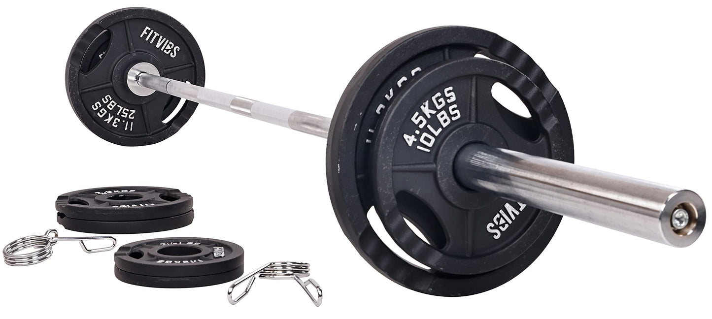 Signature Fitness Cast Iron Olympic 2-Inch Weight Plates Including 7FT Olympic Barbell, 130-Pound Set (85 Pounds Plates + 45 Pounds Barbell), Multiple Packages, Style #2
