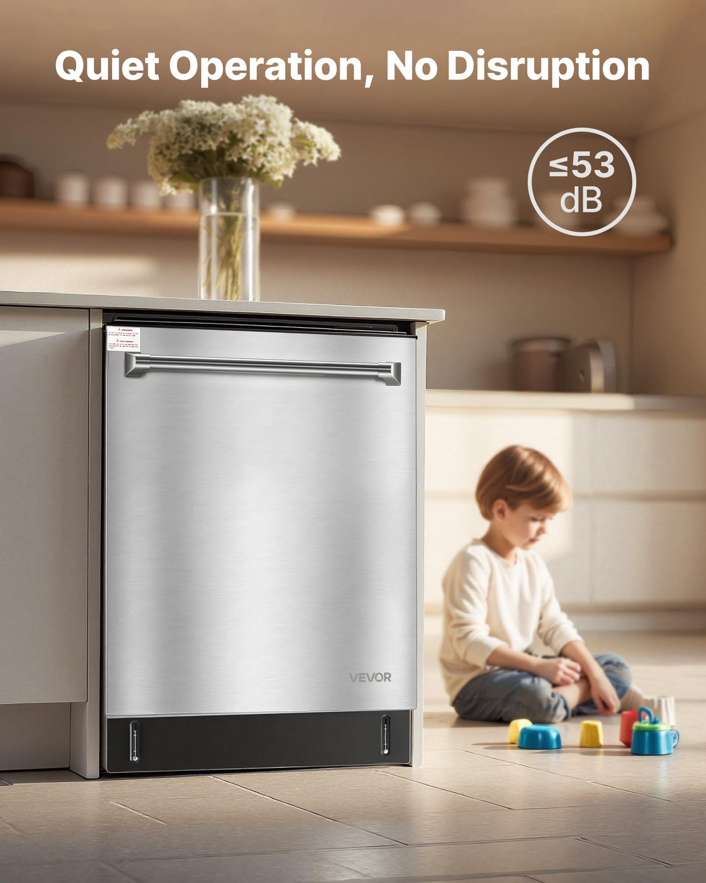 VEVOR 24 Inch Built-In Dishwasher, Stainless Steel Tub, 14 Place Settings and 8 Washing Programs, 23.82 x 25.2 x 33.78 Inch Low-Noise Dishwashing Machine with Upper/Lower Racks and Zoned Storage