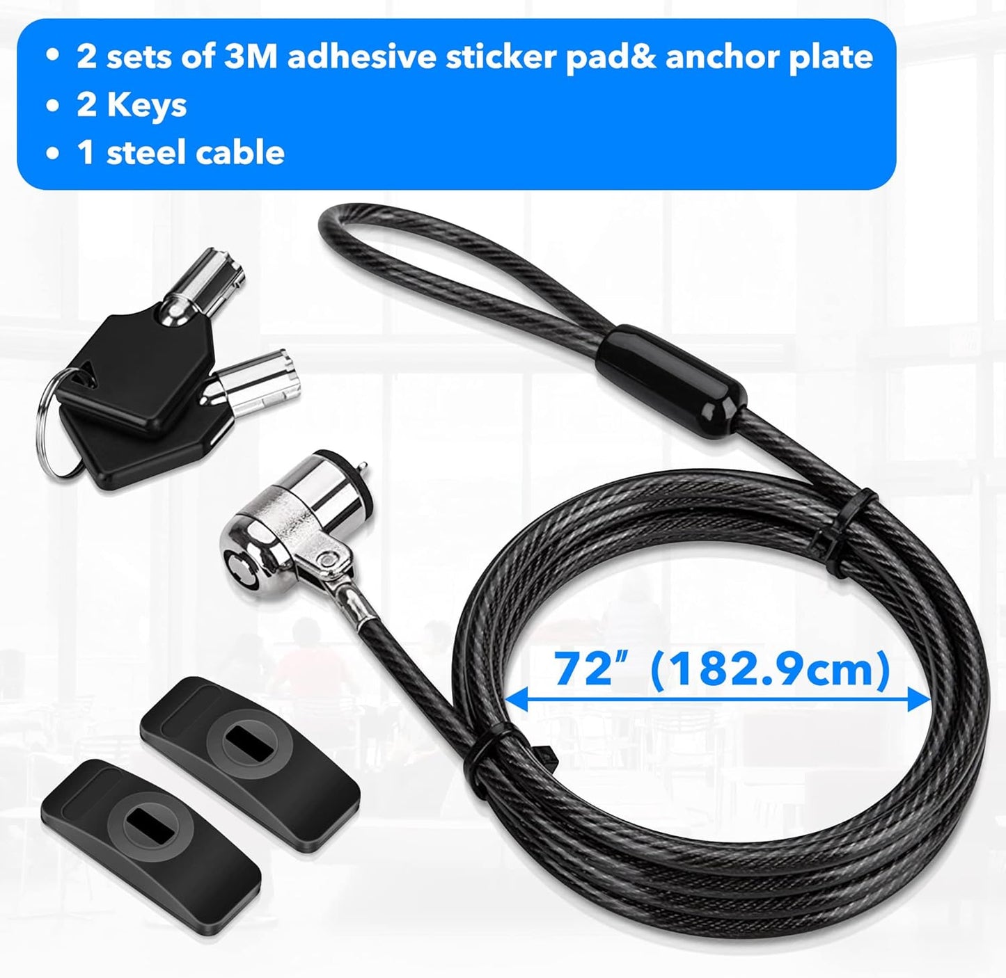 2 AboveTEK Laptop Lock, Tablet Lock Security Cable, Keys Sturdy Steel iPad Locking Kit w/Adhesive Anchors, Anti Theft