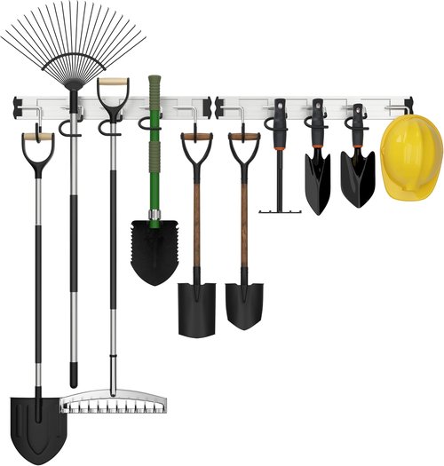 HUPBIPY Garden Tool Organizer - 34.5'' Aluminum Alloy Wall Mount Storage with Hooks for Shovel, Rake & Broom