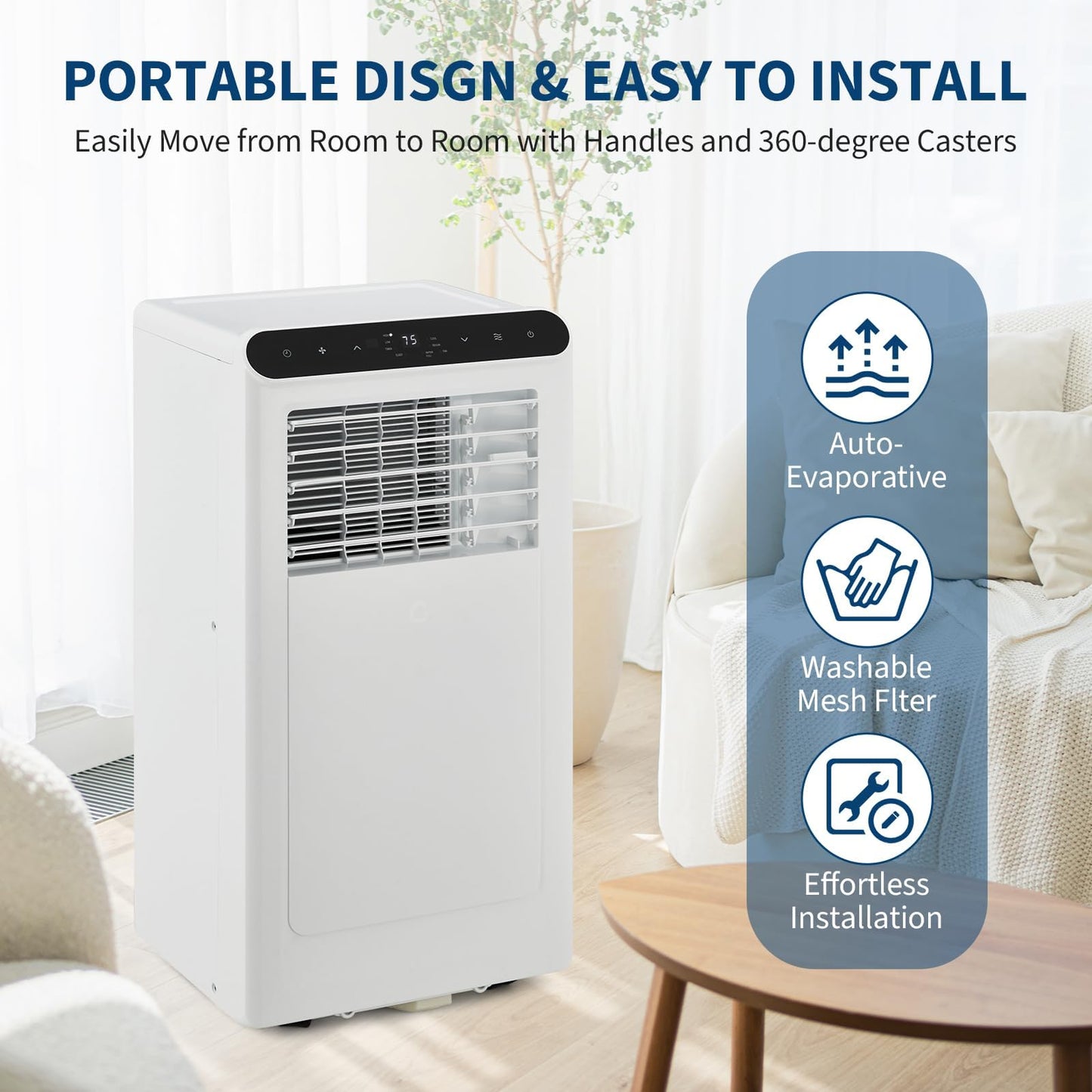 Takywep Powerful & Quiet 10,000 BTU Portable Air Conditioners, 3-in-1 Portable AC Unit with Cool, Fan and Dehumidifier, Up to 450 Sq.Ft, 24H Timer, Remote, LED Display, Quiet 50 dB for Bedroom Office