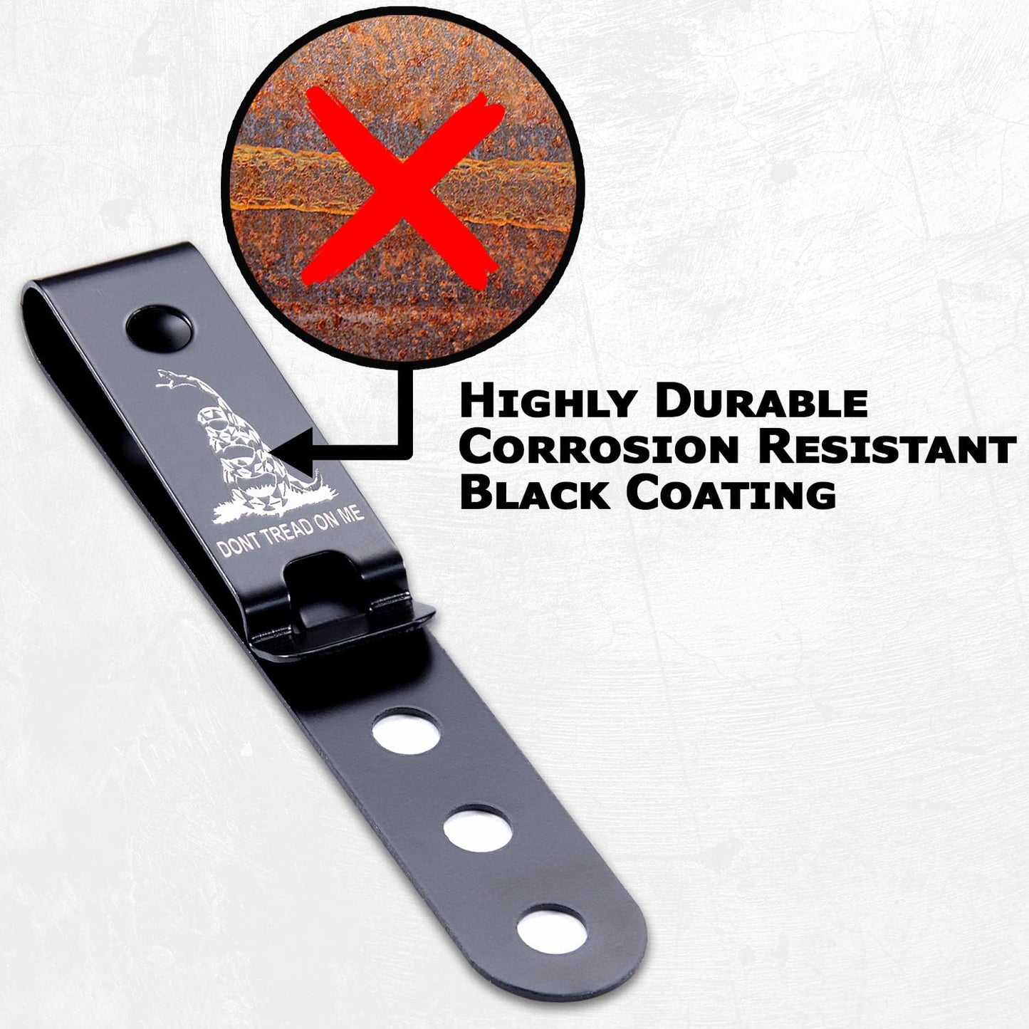 HolsterSmith Universal Metal Belt Clip for Holster Making - (Model 5) - (3-Hole) - (Tactical Black) - (w/Don’t Tread On Me Engraving) - (1 Pack)
