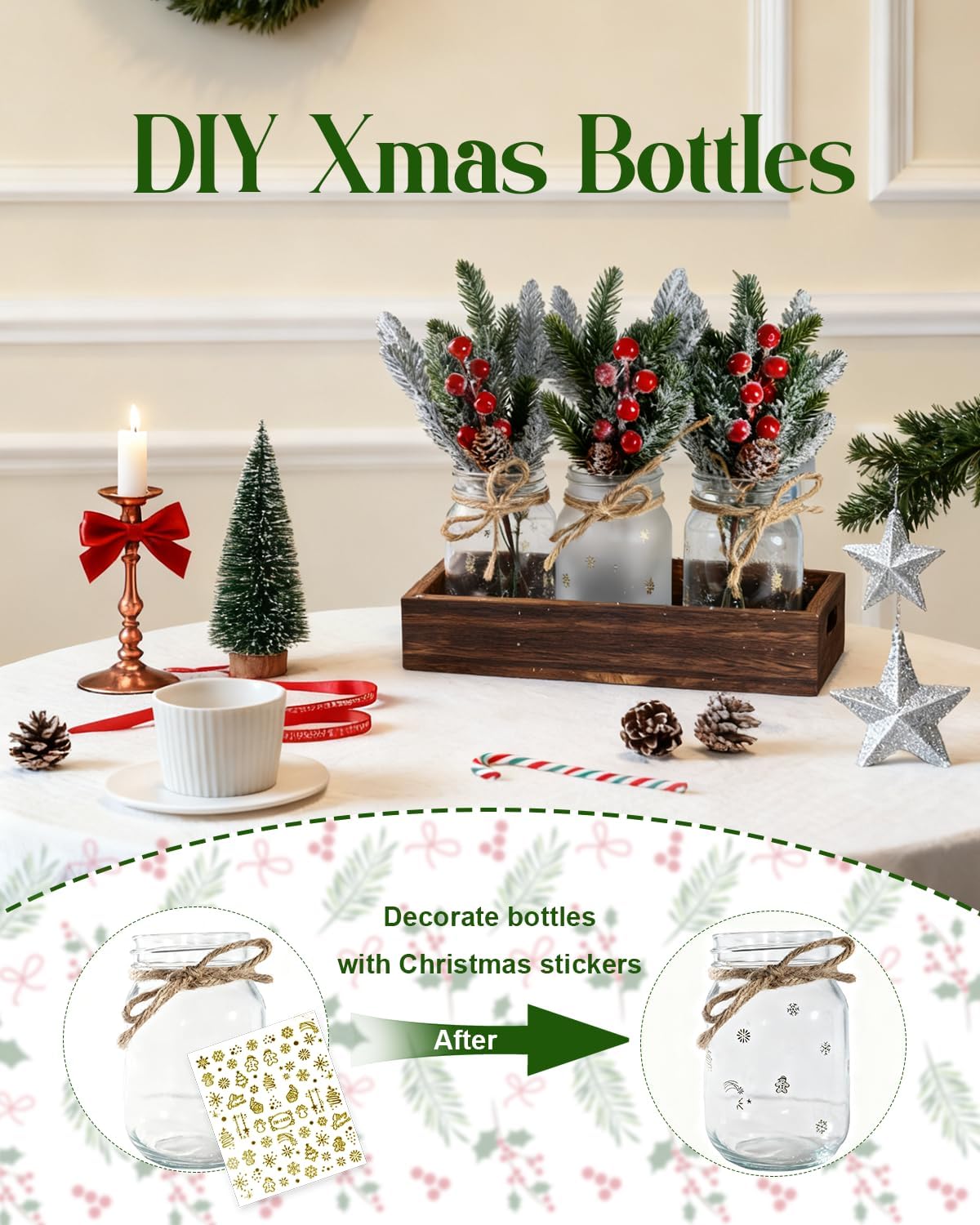 Skiennix Christmas Mason Jars - Decorative Tiered Tray with Wood Tray & Artificial Flowers | Holiday Centerpiece Decor