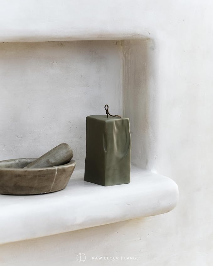 LAWA Raw Block Candle - Beautiful Handmade Pillar Scented Soy Wax Elegant Aesthetic Candle Housewarming Gift Home Room Shelf Decor Idea (Earthy Green, Large)