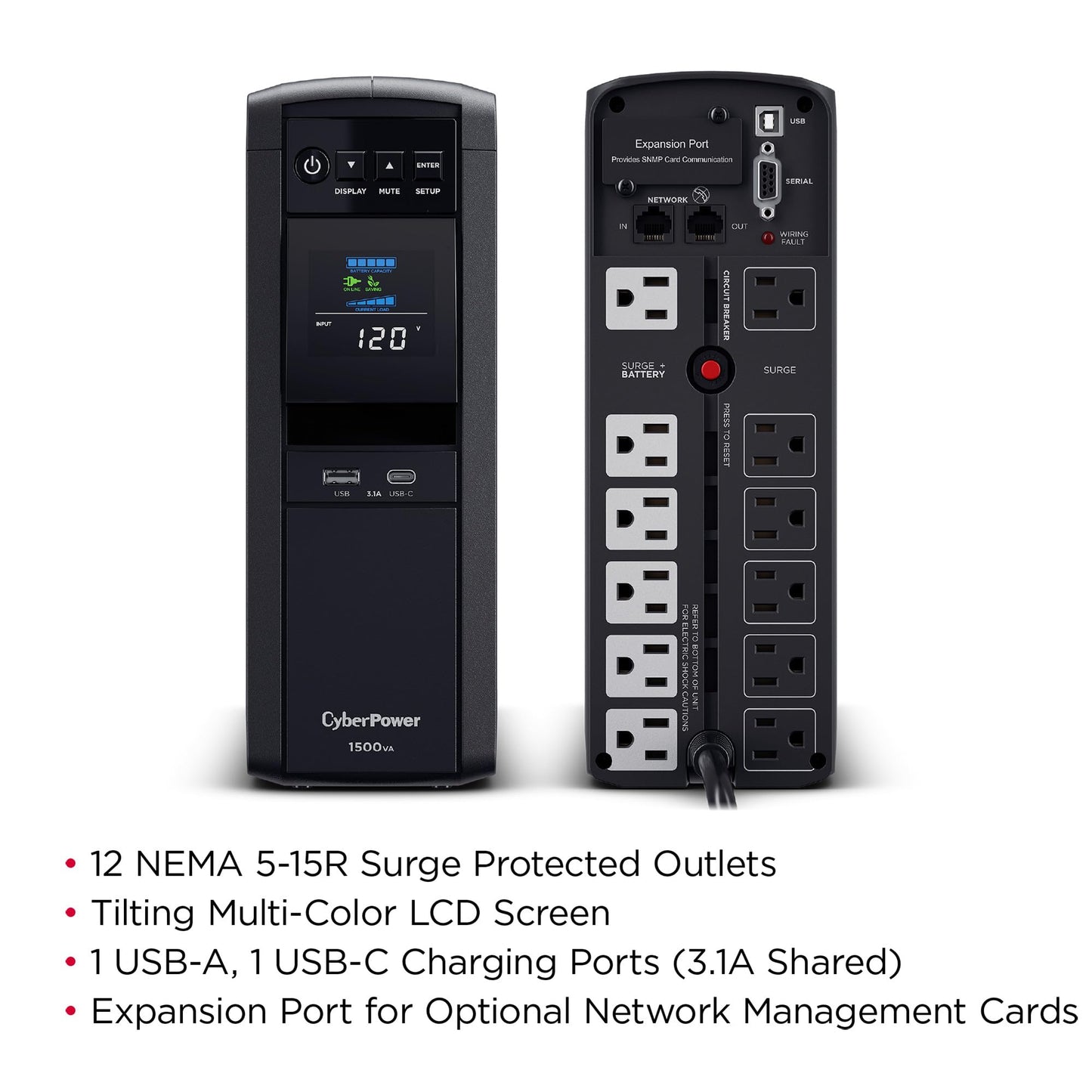 CyberPower CP1500PFCLCDTAA PFC Sinewave UPS System, 1500VA/1000W, 12 Outlets, AVR, Mini Tower, TAA Certified, Black
