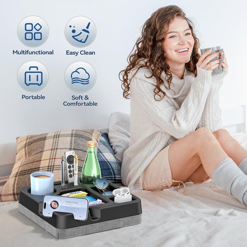Couch Cup Holder Tray Couch Cup Holder Pillow Bed Tray Snack Sofa Bed Caddy Organizer Beach Sofa Drink Holder Anti-Spill Portable Snack Caddy Couch Remote Holder for Phone Pad Kindle Beverage Black