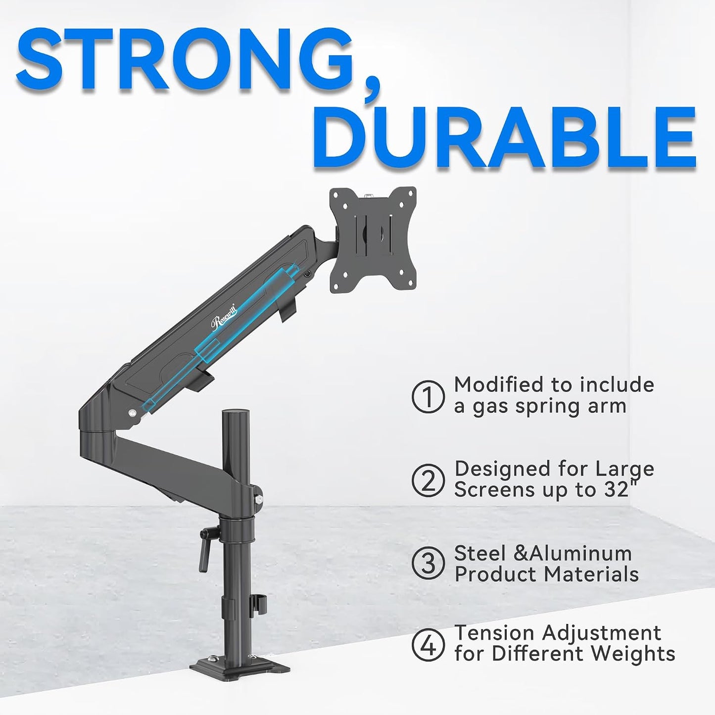 Rosewill 15-32 inch 19.8lb, Single Adjustable Monitor Arm Desk Mount Fits Screen, Holds Gas Spring Monitor Stand, Full