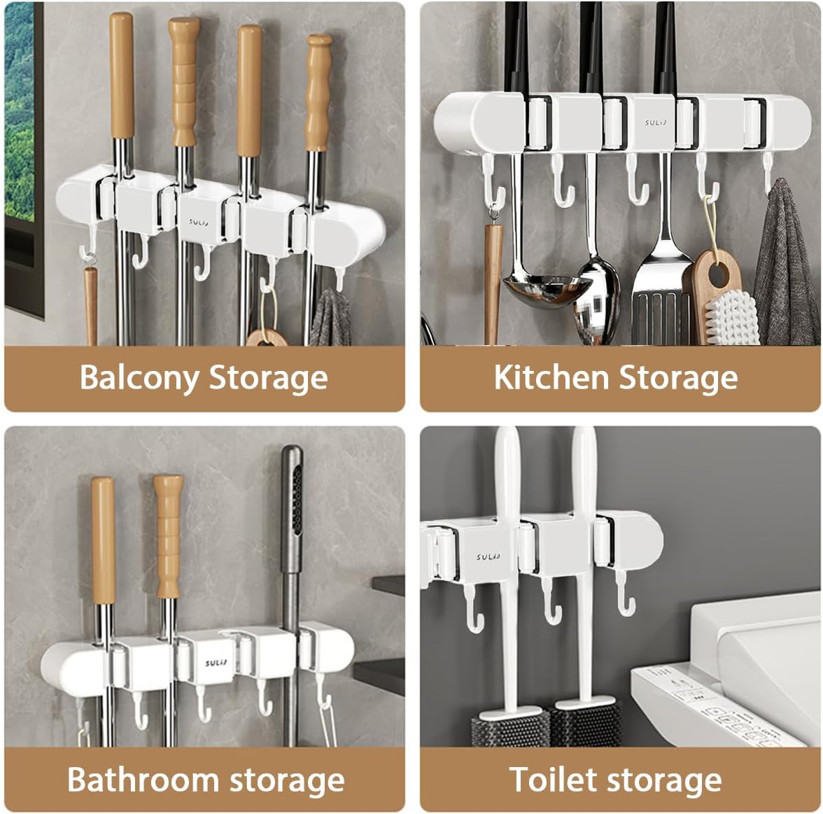 Skiennix Broom Holder Wall Mount - No-Drilling Self-Adhesive Storage Rack with Hooks | 2 Pcs, White