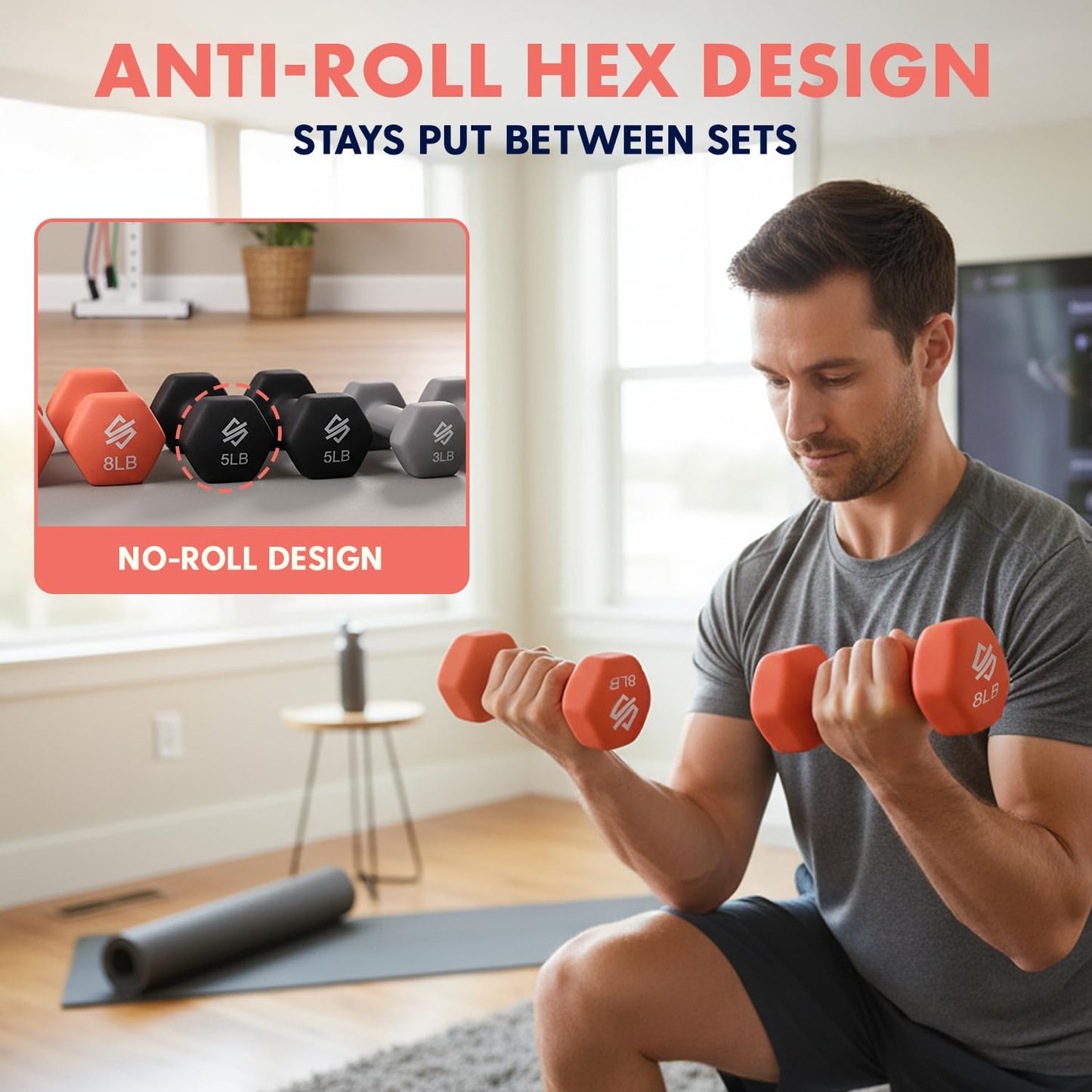 SQUATZ Dumbbell Weights Set with Stand, 32lbs Neoprene Coated Weights in Color Gray, Black, and Orange, Hex Shape Anti Slip and Roll Dumbbells for Exercise, Training, Fitness, Yoga