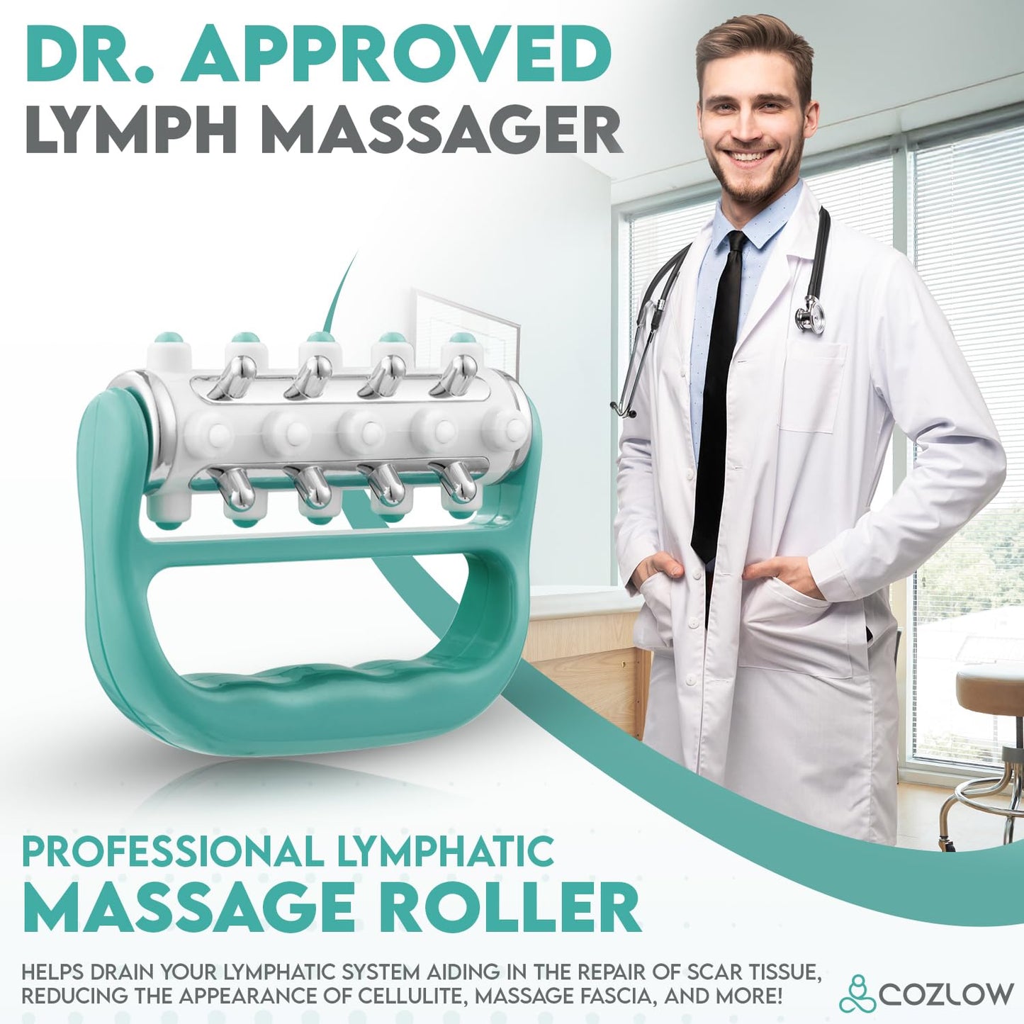 COZLOW - MyoRelease Lymphatic Drainage Massager - Green - Handheld Fascia Release + Scar Tissue Massage Roller for Shoulder, Neck, Belly, Thigh, Leg, Back, Glutes - Helps Reduce Cellulite Appearance