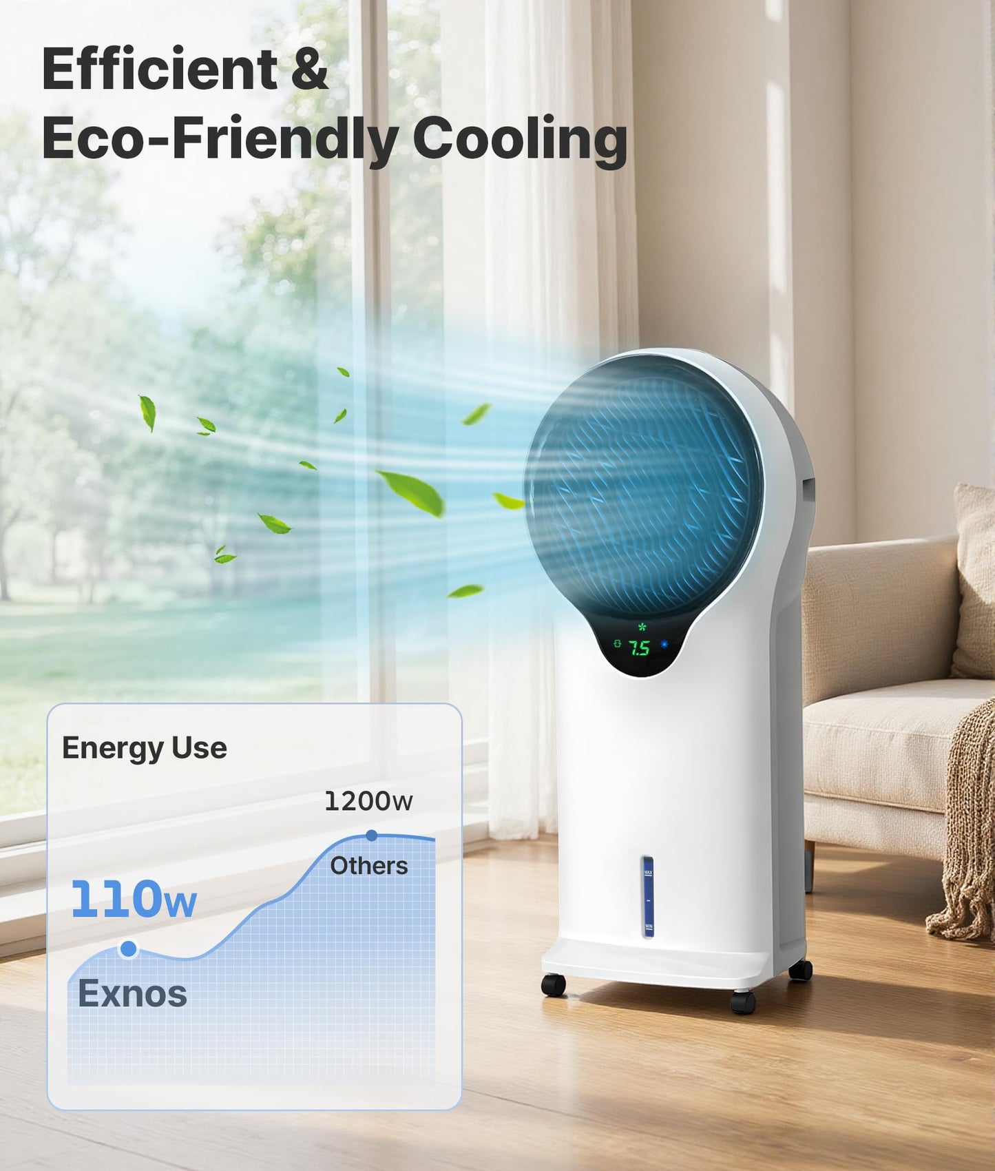 EXNOS 3-in-1 Evaporative Air Cooler - Portable Swamp Cooler Air Conditioner with 5.5L Water Tank & 2 Ice Packs, 3 Speeds, 3 Modes, Cooling Fans that Blow Cold Air for Home & Office