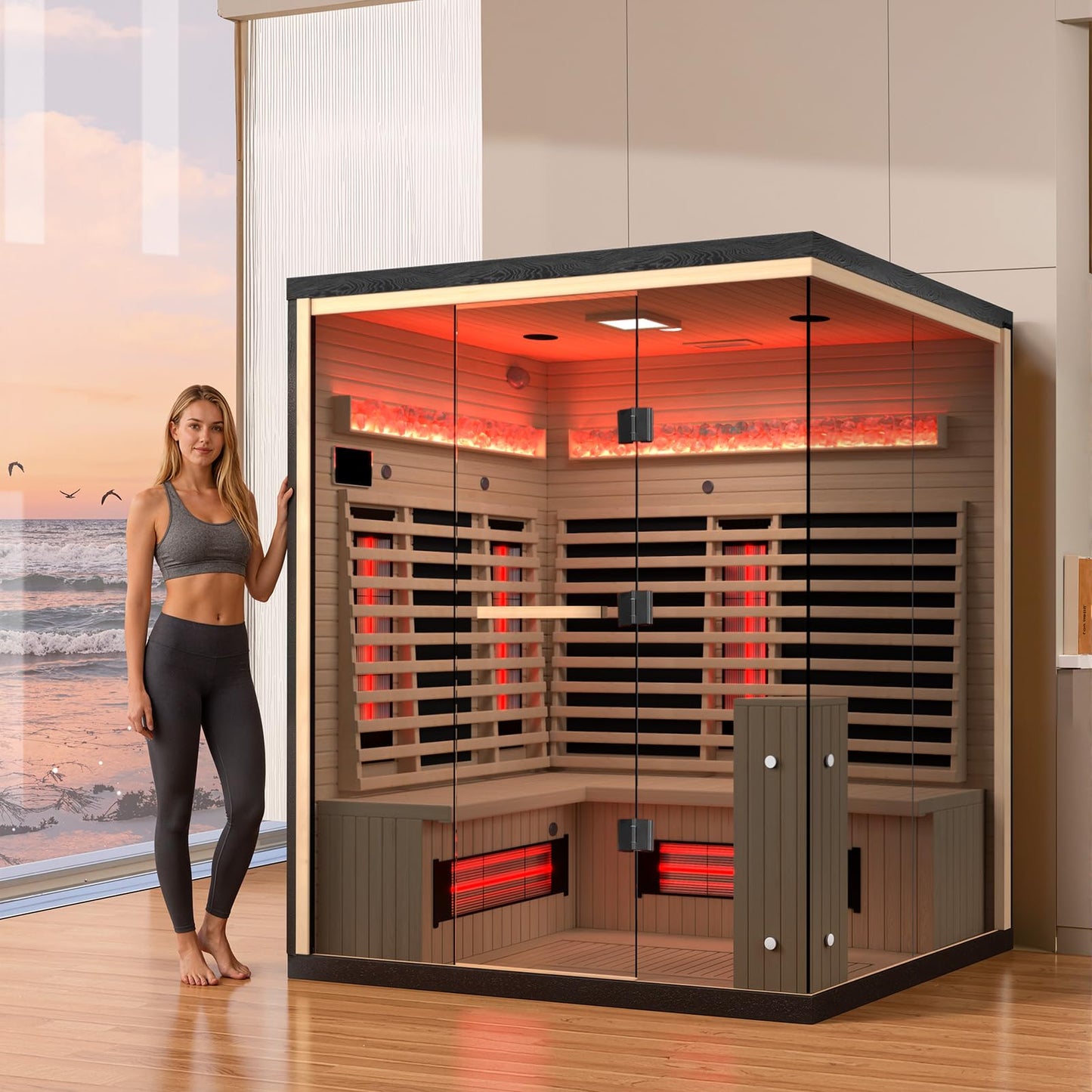 SWHSE 3-4 Person Infrared Sauna, Home Sauna with Himalayan Salt Panel & 10 Minutes Warm-up System, Indoor Sauna Spa Room with Canadian Hemlock&Panoramic Tempered Glass,220V