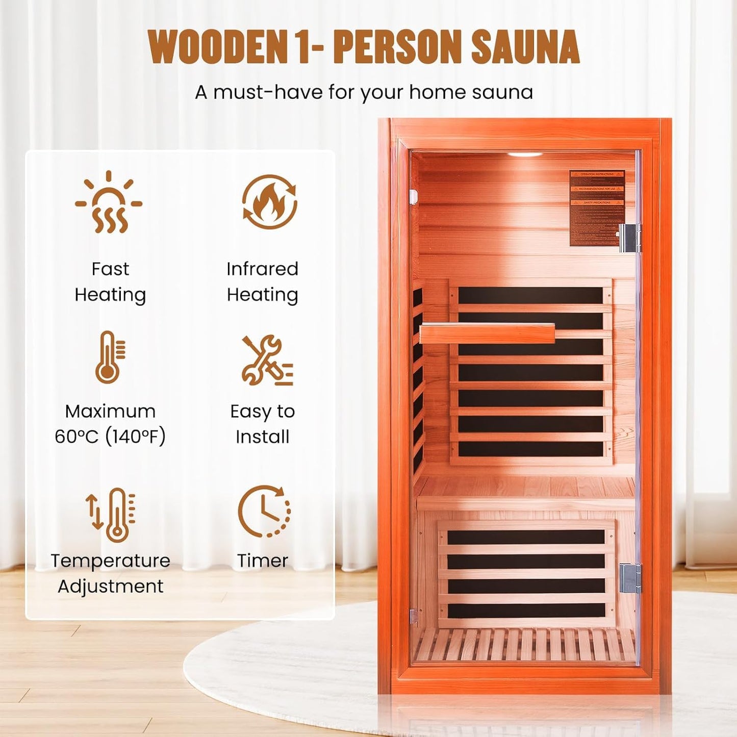 Infrared Sauna, Far Infrared Saunas for Home, Low EMF 1 Person Sauna Indoor Sauna Room Dry Sauna with Bluetooth Speakers 7 Color Light Therapy Fast Heating Easy Assembly 1065W/110V 31.5*31.5*63 IN
