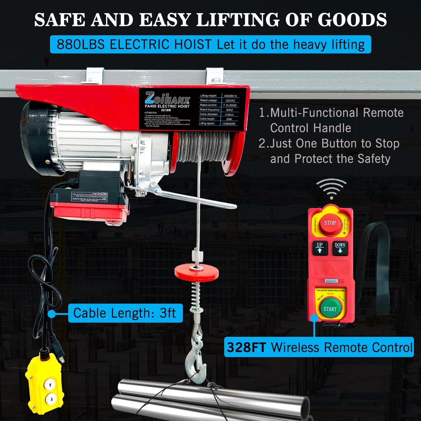 Electric Hoist Winch, 880 lbs 120V Electric Hoist with Remote Control,16ft/33ft Lifting Speed,328ft Wireless/Wire Electric Hoist for Garage,Warehouse,Factory,Construction Site, Attic