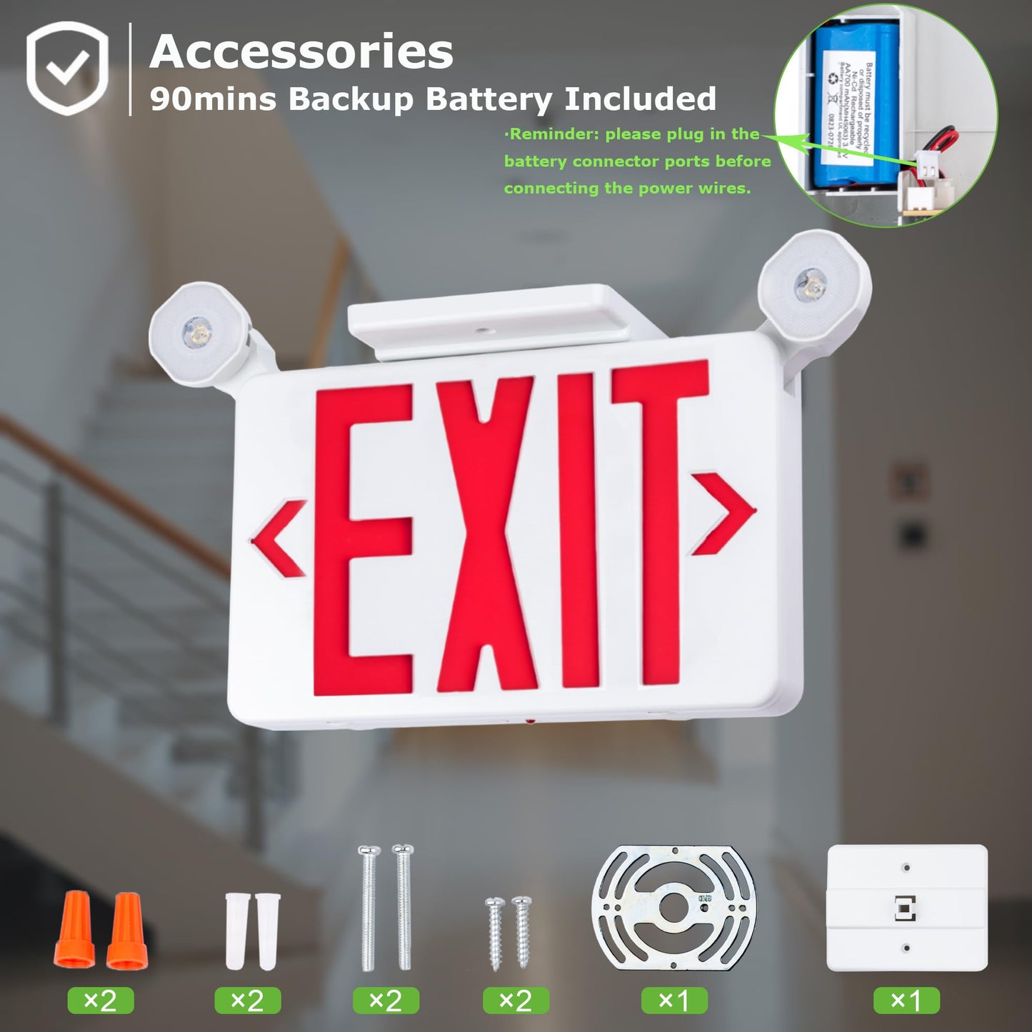 Gruenlich Red Exit Sign with Emergency Lights, 2 Adjustable LED Heads and Backup Battery, UL 924, AC 120/277V, Commercial Hardwired Exit Light for Business, 2 Pack