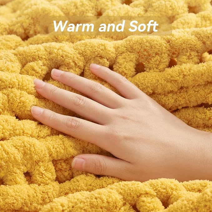 Chunky Knit Throw Blanket, 50''*60'' Knitted Throw Chenille Yarn for Bed Couch, Handmade Yellow Crochet Big Thick Blanket, Machine Washable Cute Comfy Blanket for Home Decor