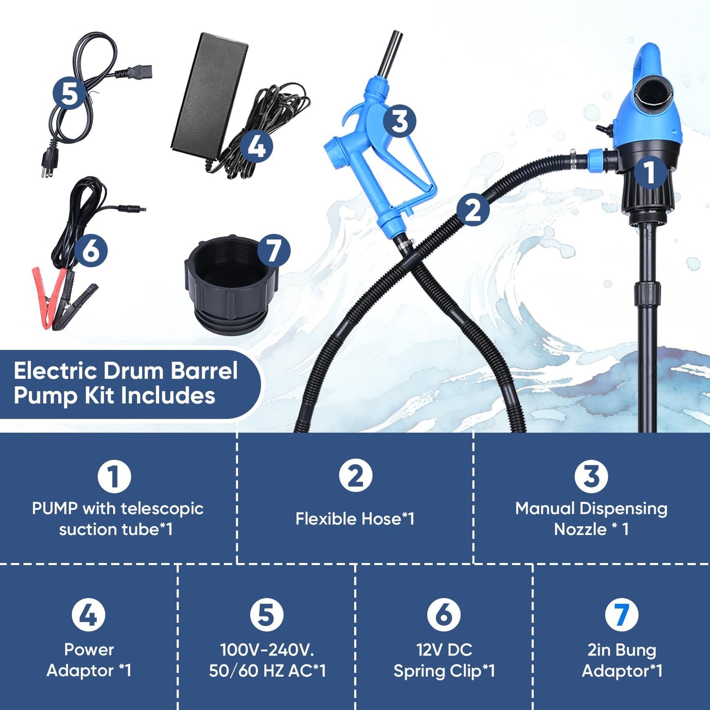 Electric Drum Barrel Pump, 110V-240V AC/ 12V DC Power, 55 Gallon Electric Transfer Pumps with 2-Inch Bung Adapter, 5 GPM Flow Rate, Suitable for DEF, Diesel, Water, Antifreeze